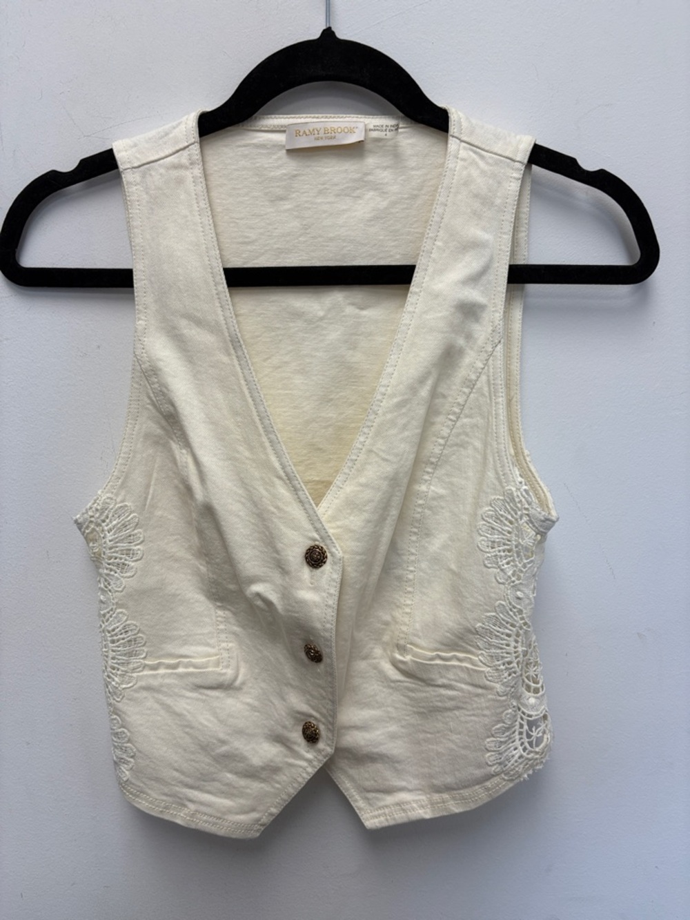 Ramy Brook Cream Embroidered Cotton Vest with Button Front